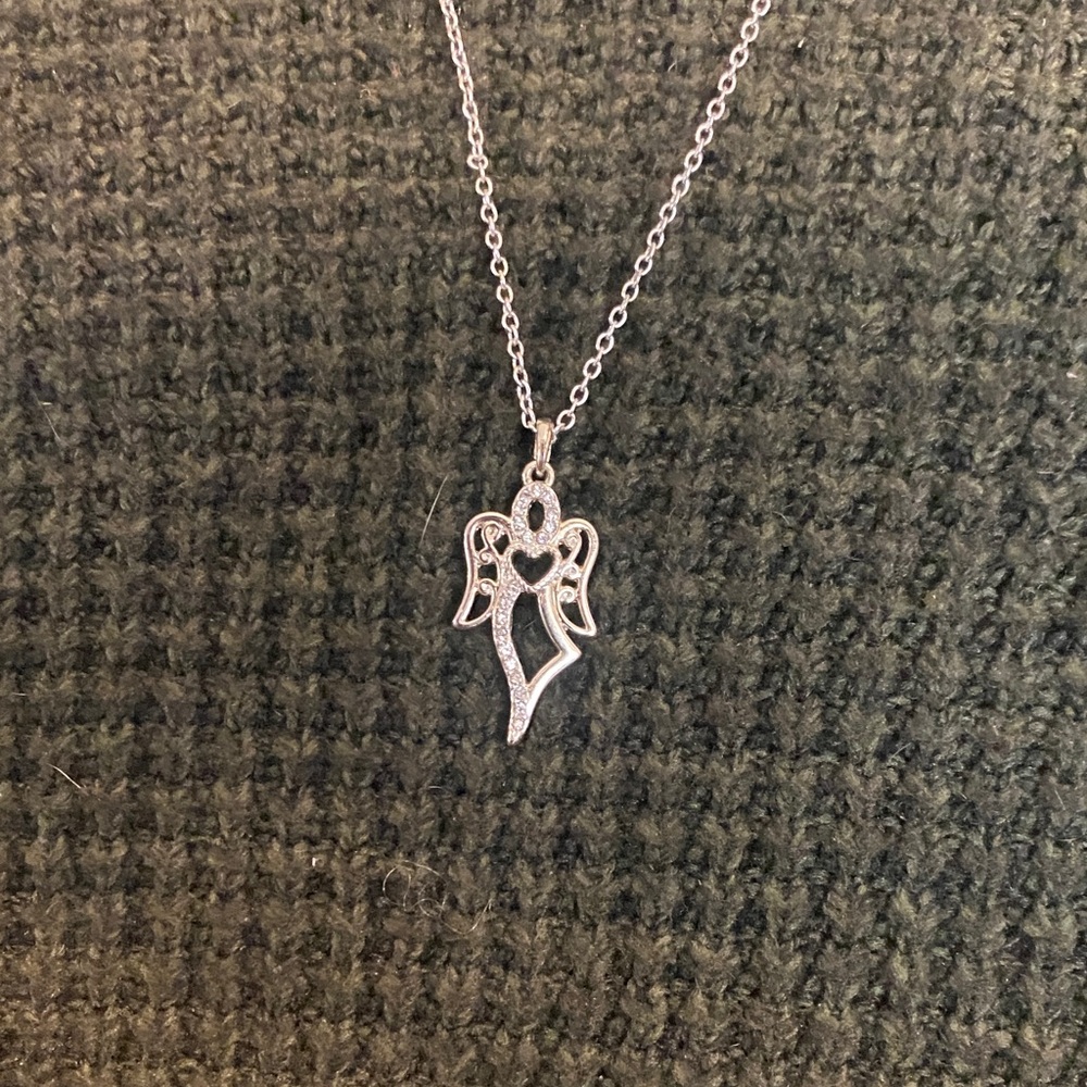 Silver Tone Angel with Rhinestones Pendant Necklace